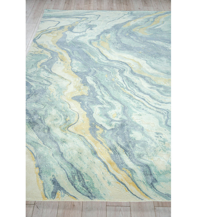 Handmade Blue and Gold Wool Blend Rectangular Area Rug 9' x 12'