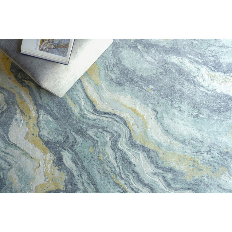 Handmade Blue and Gold Wool Blend Rectangular Area Rug 9' x 12'