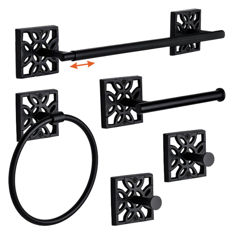 Matte Black 5-Piece Bathroom Hardware Set with Towel Rack