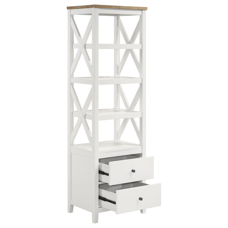 Angela White and Brown Wood 4-Shelf Media Tower with Drawers