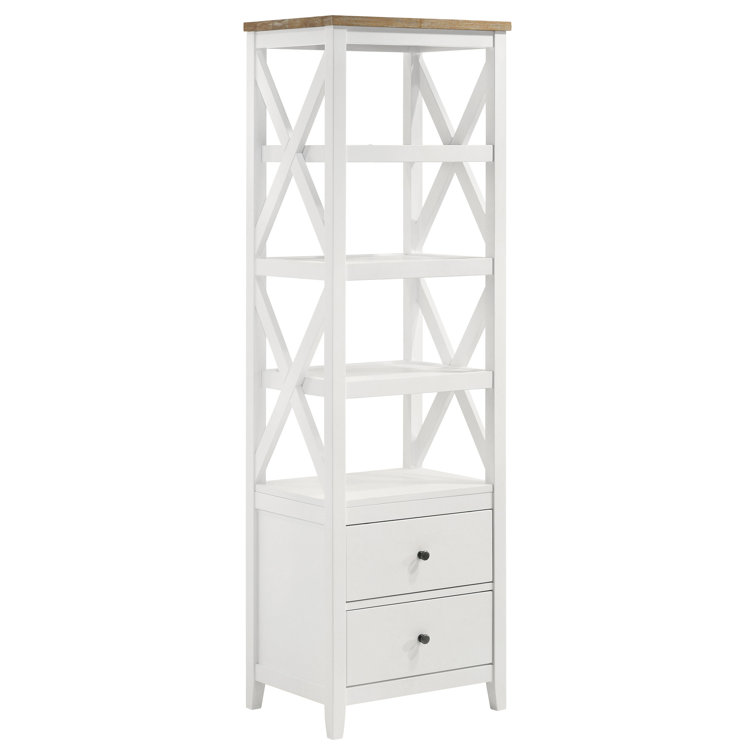 Angela White and Brown Wood 4-Shelf Media Tower with Drawers