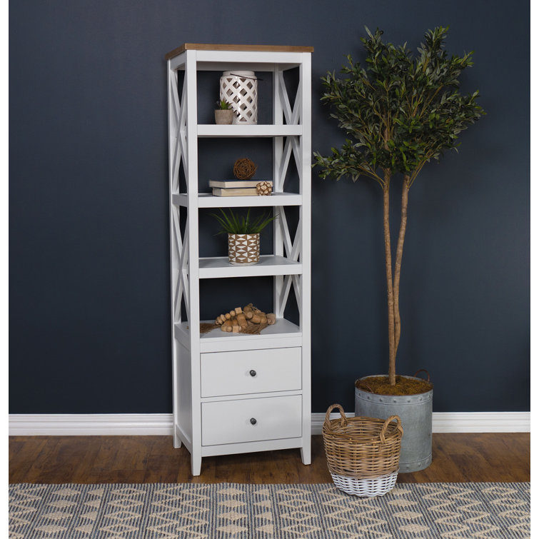 Angela White and Brown Wood 4-Shelf Media Tower with Drawers