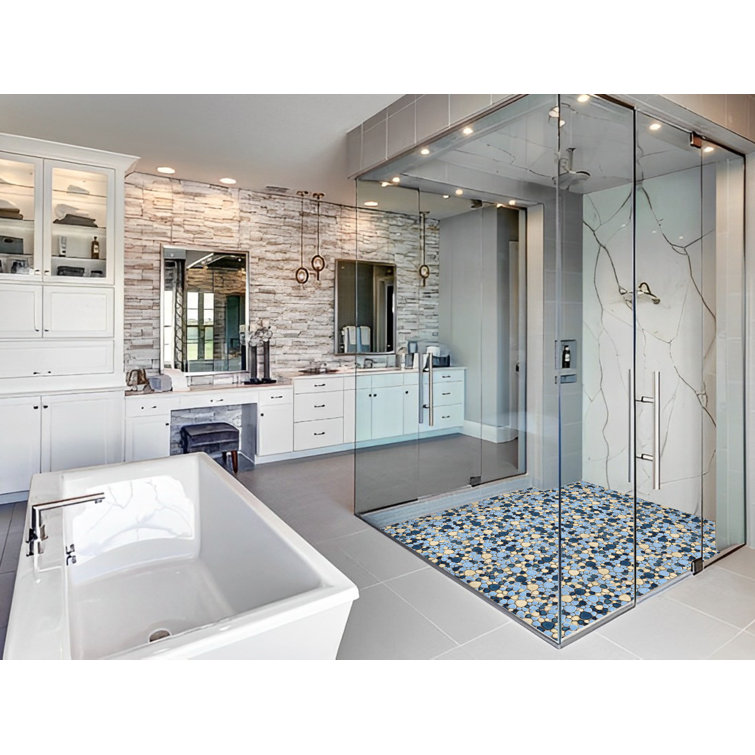 Blue and Beige Glazed Porcelain Pebble Mosaic Tile