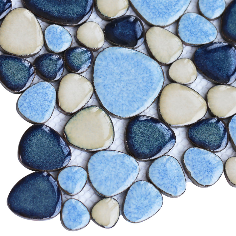 Blue and Beige Glazed Porcelain Pebble Mosaic Tile