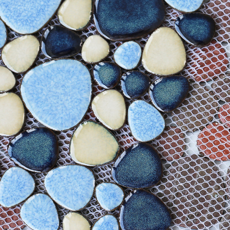 Blue and Beige Glazed Porcelain Pebble Mosaic Tile