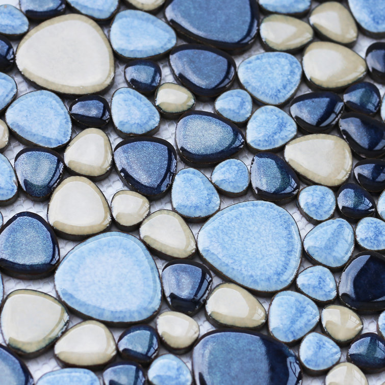 Blue and Beige Glazed Porcelain Pebble Mosaic Tile
