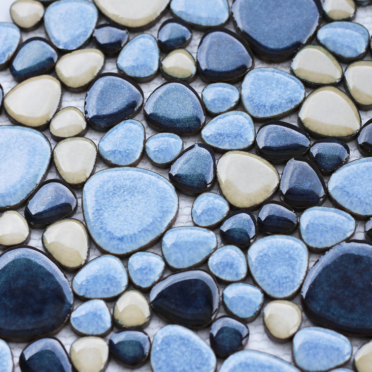 Blue and Beige Glazed Porcelain Pebble Mosaic Tile