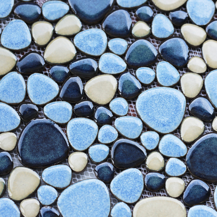 Blue and Beige Glazed Porcelain Pebble Mosaic Tile