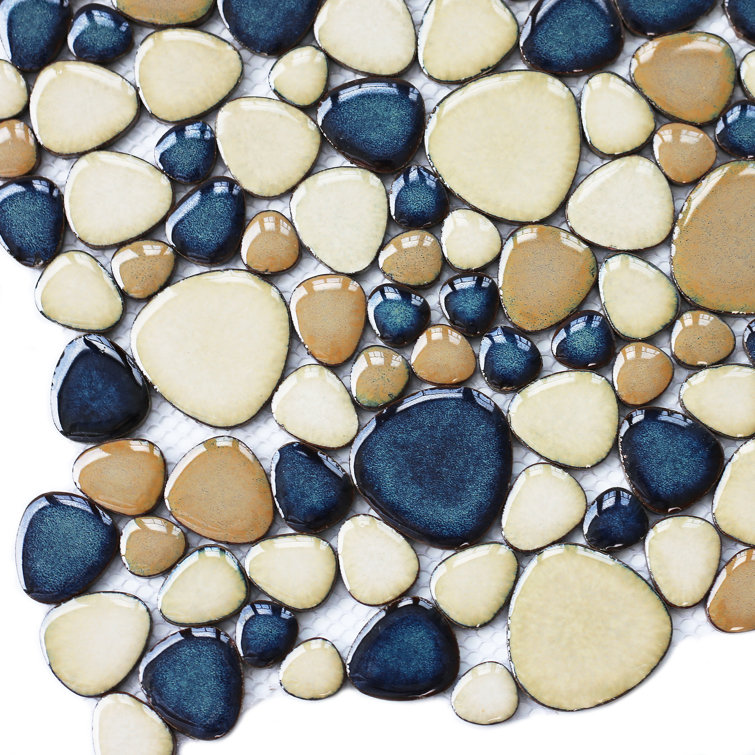Brown and Dark Blue Porcelain Pebble Mosaic Tile Set