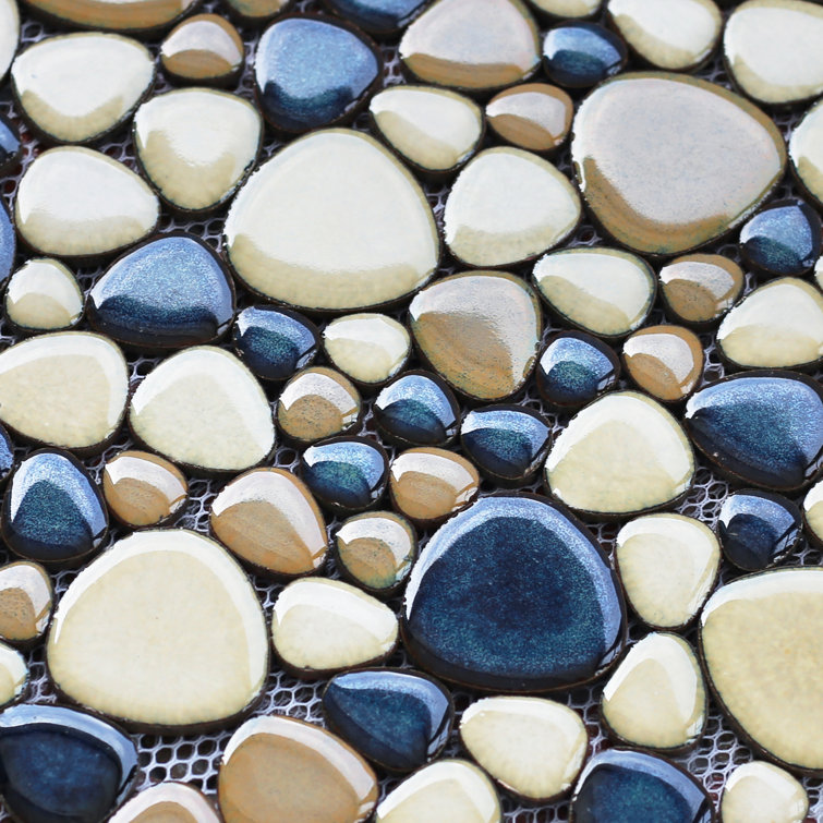 Brown and Dark Blue Porcelain Pebble Mosaic Tile Set