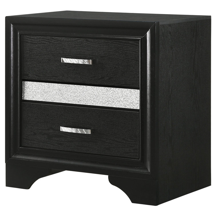 Contemporary Black 2-Drawer Nightstand with Rhinestone Handles