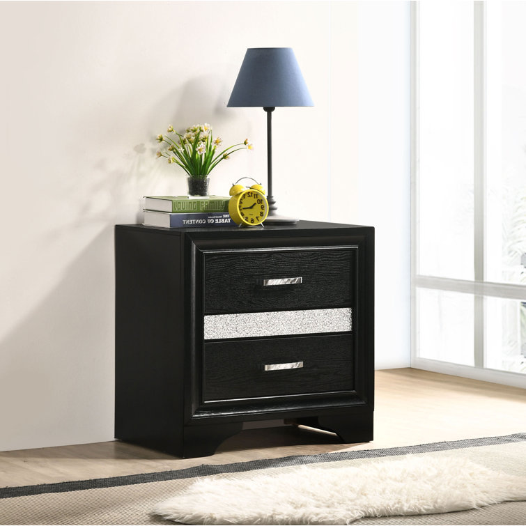 Contemporary Black 2-Drawer Nightstand with Rhinestone Handles