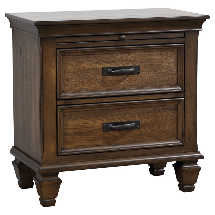 Burnished Oak Contemporary 2-Drawer Nightstand with Pullout Tray