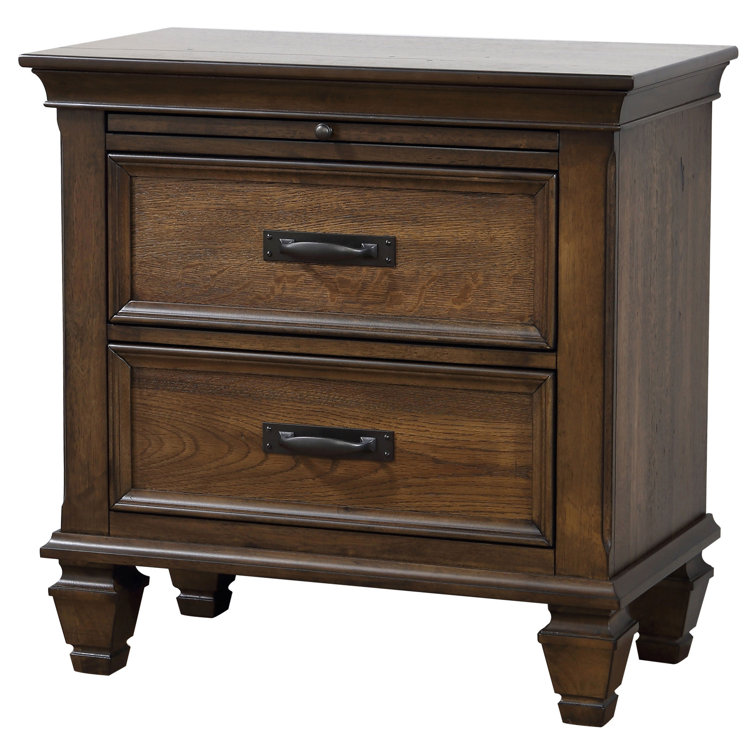 Burnished Oak Contemporary 2-Drawer Nightstand with Pullout Tray