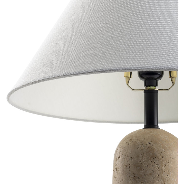 Large Travertine Table Lamp with White Linen Shade