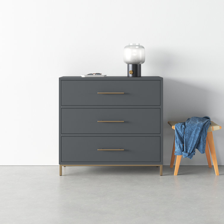 Slate Gray Mahogany 3-Drawer Dresser with Gold Bar Pulls