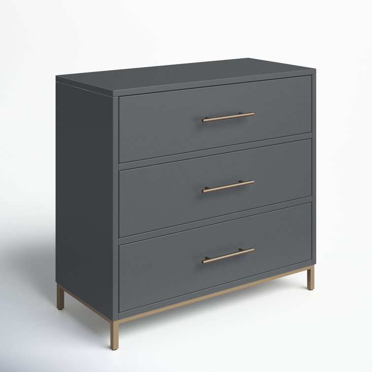 Slate Gray Mahogany 3-Drawer Dresser with Gold Bar Pulls