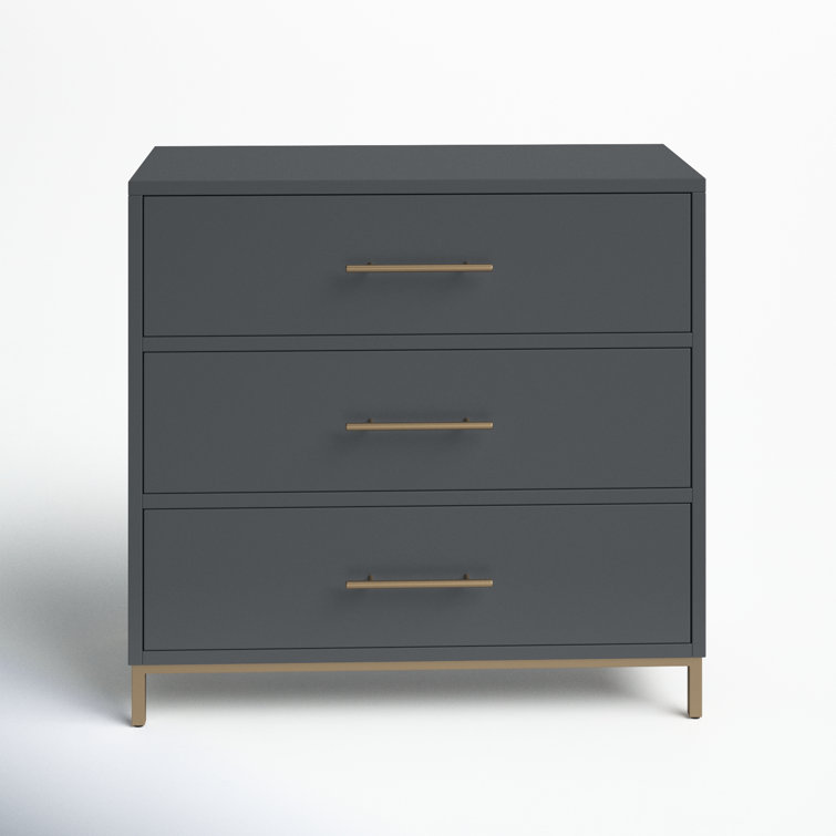 Slate Gray Mahogany 3-Drawer Dresser with Gold Bar Pulls
