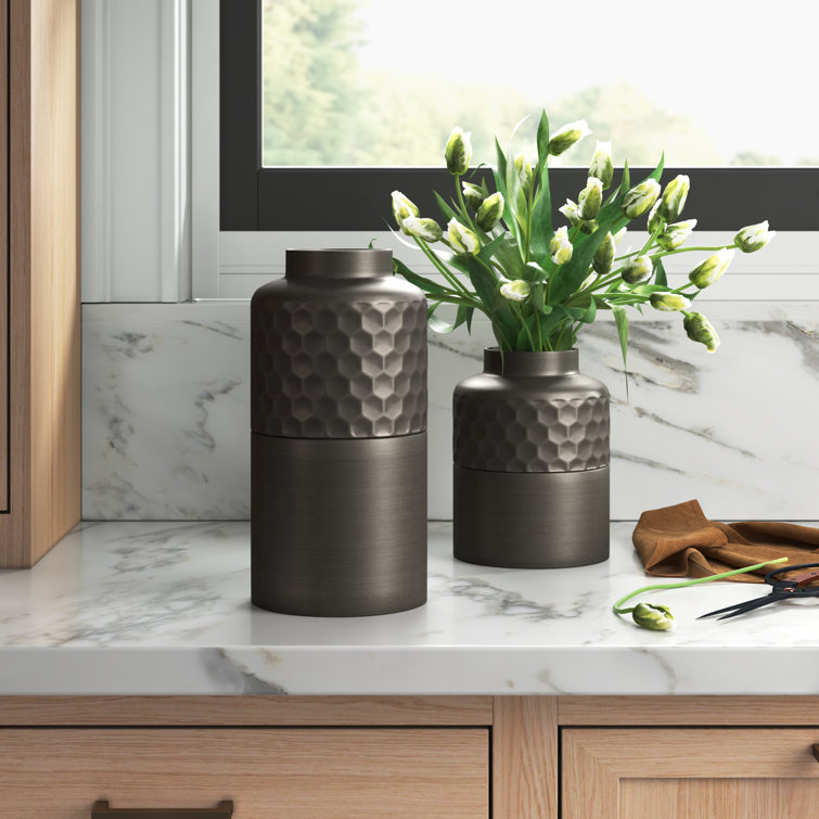Gunmetal Gray Round Metal Bud Table Vase Set
