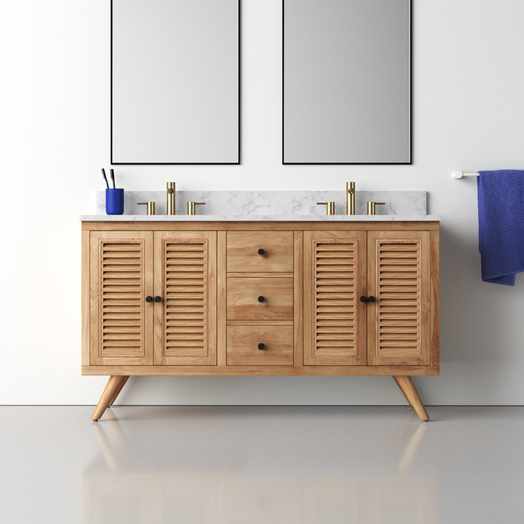 Transitional 61" Teak Double Vanity with Marble Top & Undermount Sinks