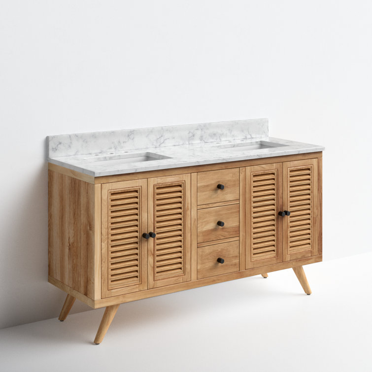 Transitional 61" Teak Double Vanity with Marble Top & Undermount Sinks