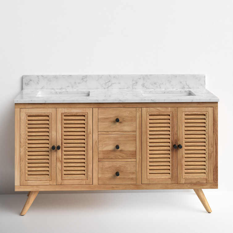 Transitional 61" Teak Double Vanity with Marble Top & Undermount Sinks