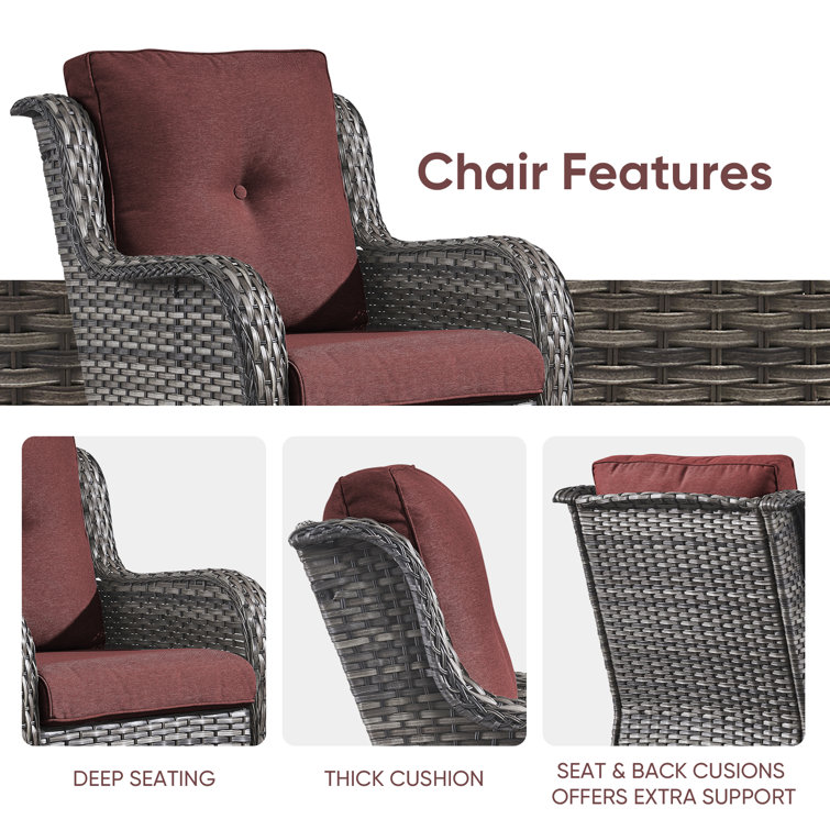 Grey and Red Outdoor Wicker Rocking Lounge Chairs with Cushions