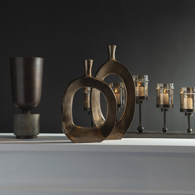 Bronze Open Center Metal Decorative Vase Set