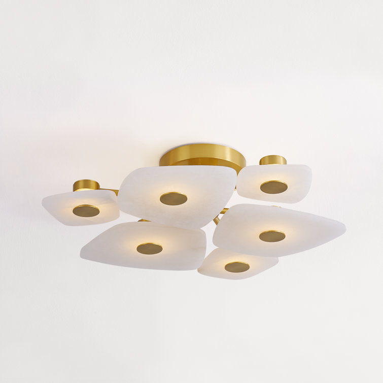 Aged Brass 6-Light LED Semi-Flush Mount with Alabaster Shades