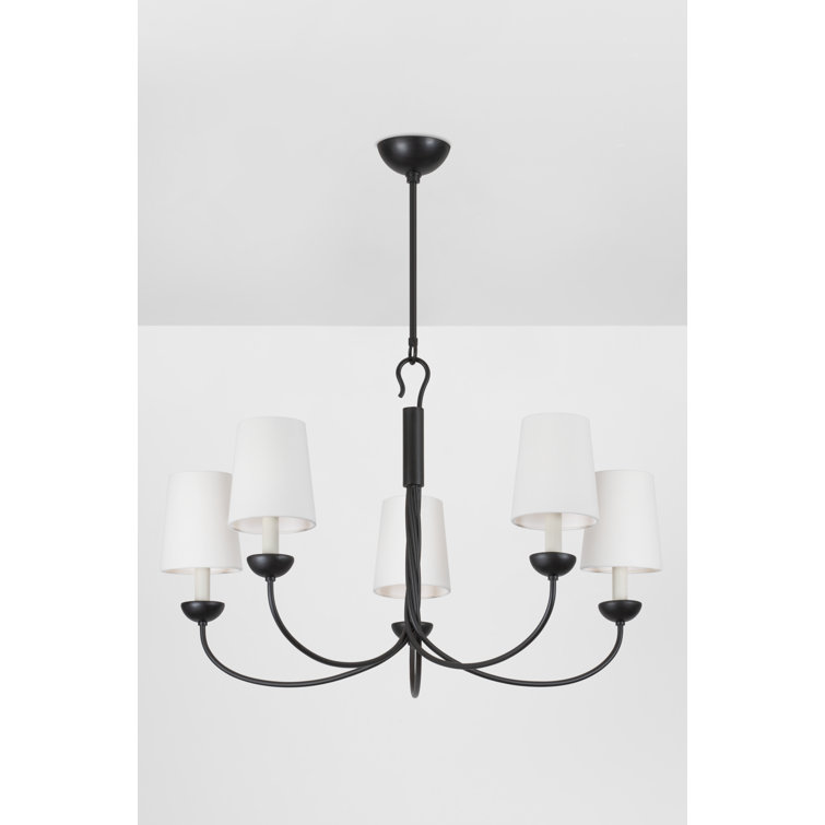Aged Iron 5-Light Chandelier with White Linen Shades