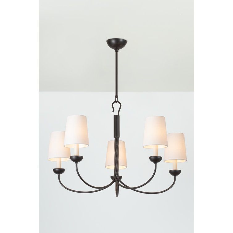 Aged Iron 5-Light Chandelier with White Linen Shades