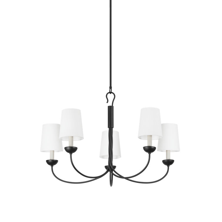 Aged Iron 5-Light Chandelier with White Linen Shades