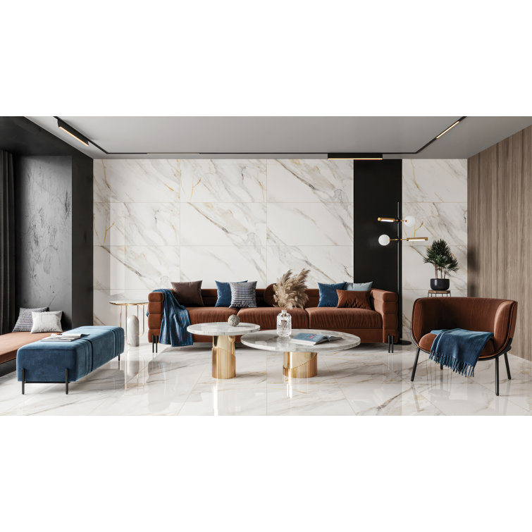 Large 24" x 48" White Polished Porcelain Marble Look Tile