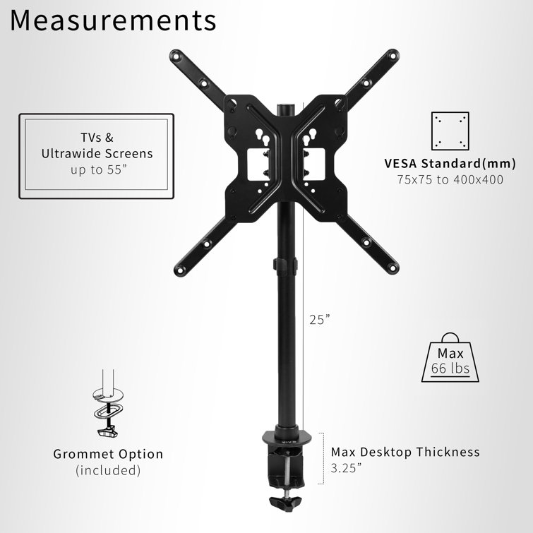 Black Adjustable Steel Full Motion TV Desk Mount with Riser