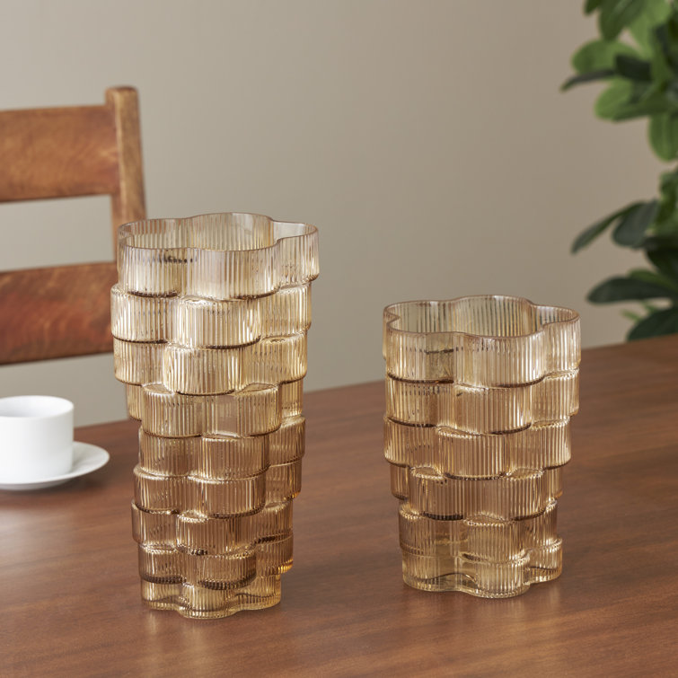 Brown Ribbed Glass Round Table Vase Set