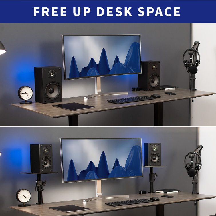 Black Adjustable Steel Clamp-on Desk Speaker Stands, 2 Pack