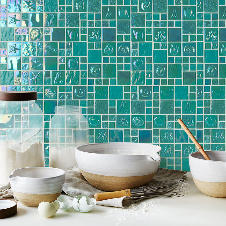 Caribbean Spring Teal Iridescent Glass Mosaic Wall Tile