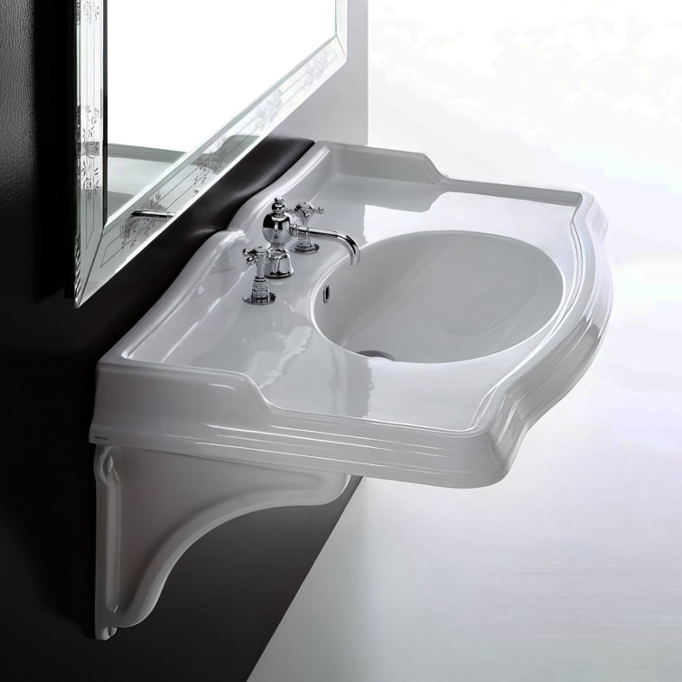 Large White Ceramic Wall-Mount Basin with Oval Bowl