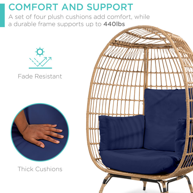 Beige Wicker Egg Chair with Navy Cushions