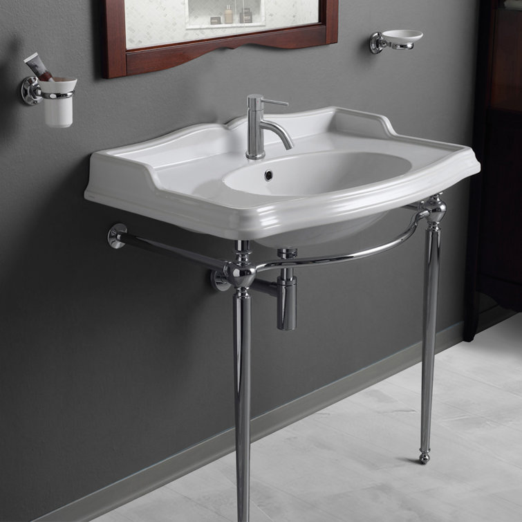 White Ceramic Wall-Mount Console Sink with Chrome Legs