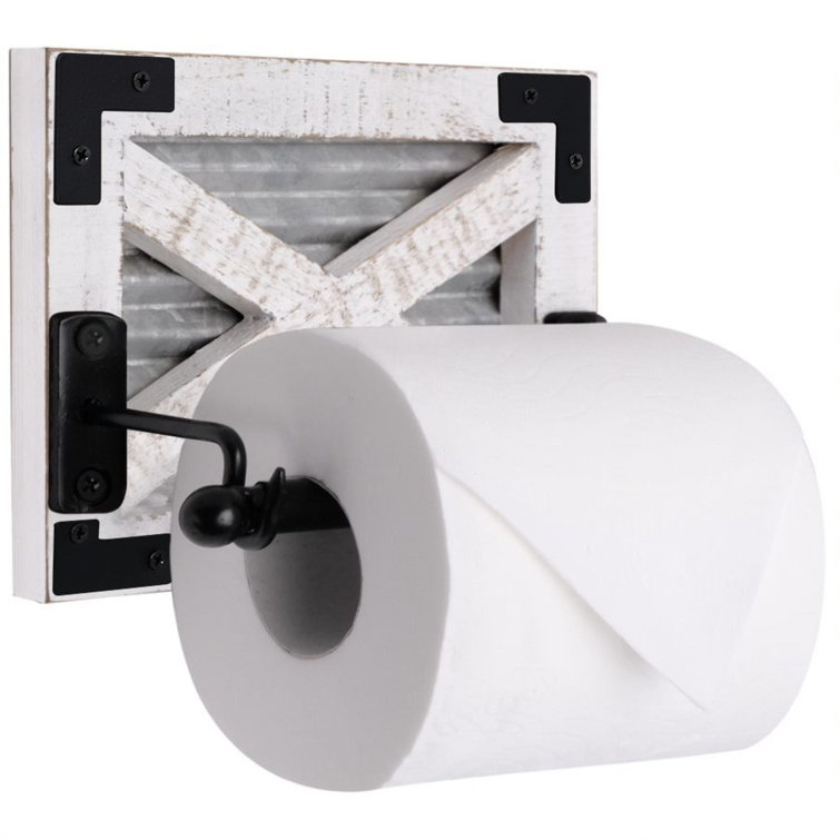 White and Black Rustic Wood Wall-Mount Toilet Paper Holder