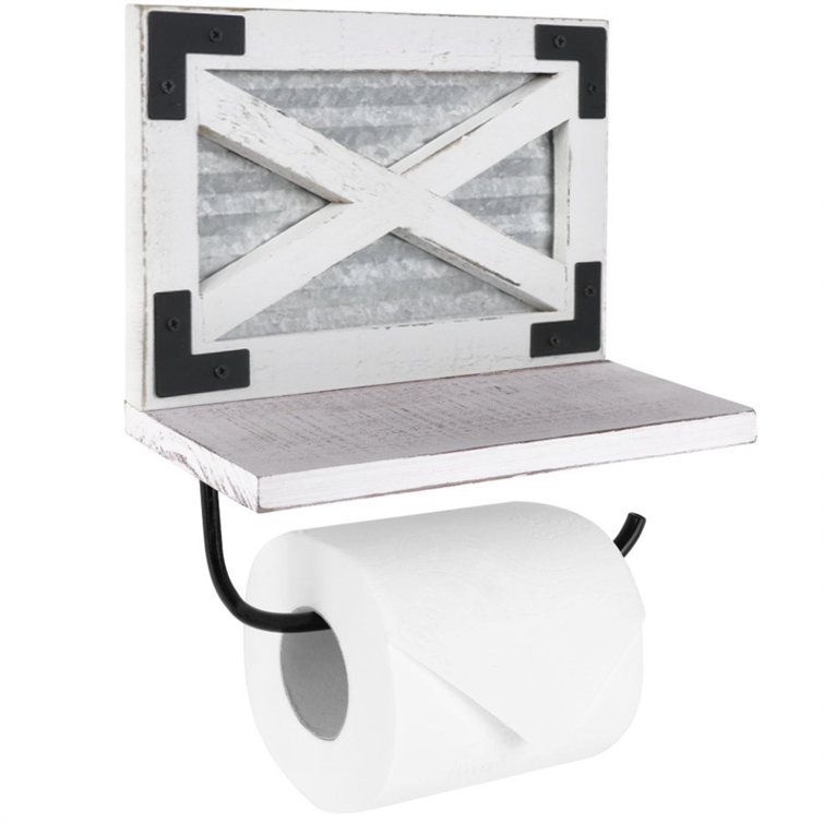 White and Galvanized Metal Farmhouse Toilet Paper Holder with Shelf