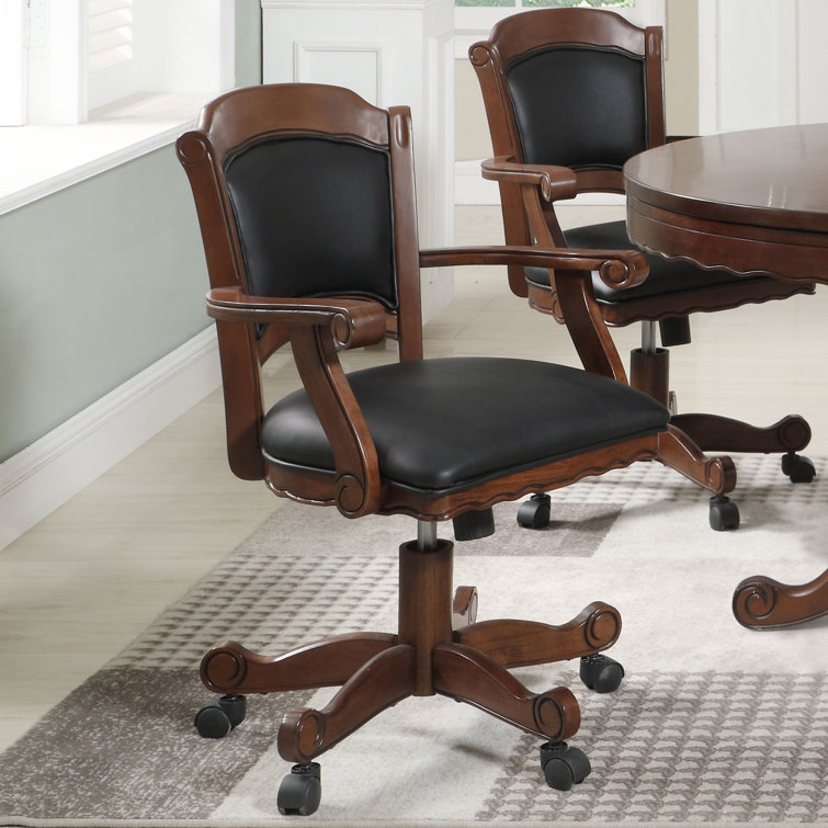 Turk Transitional Black Leatherette Wood Game Chair with Casters