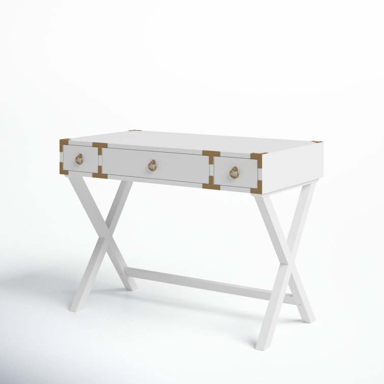 Aerilyn Glossy White Wood Writing Desk with Gold Accents