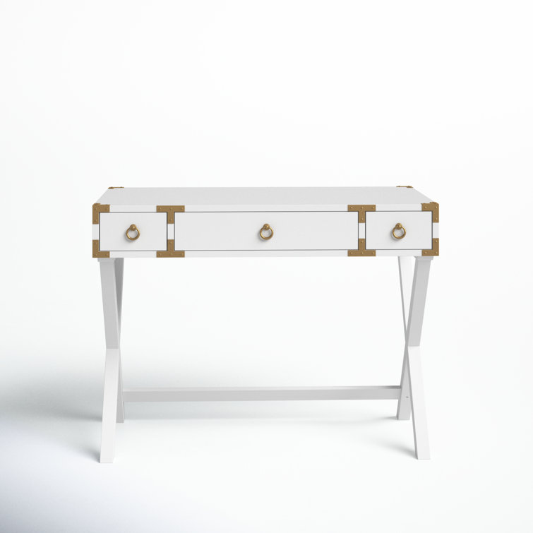 Aerilyn Glossy White Wood Writing Desk with Gold Accents