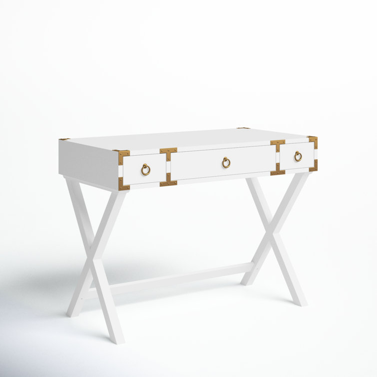 Aerilyn Glossy White Wood Writing Desk with Gold Accents