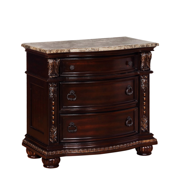 Classic Marble-Top Brown Wooden Nightstand with 3 Drawers