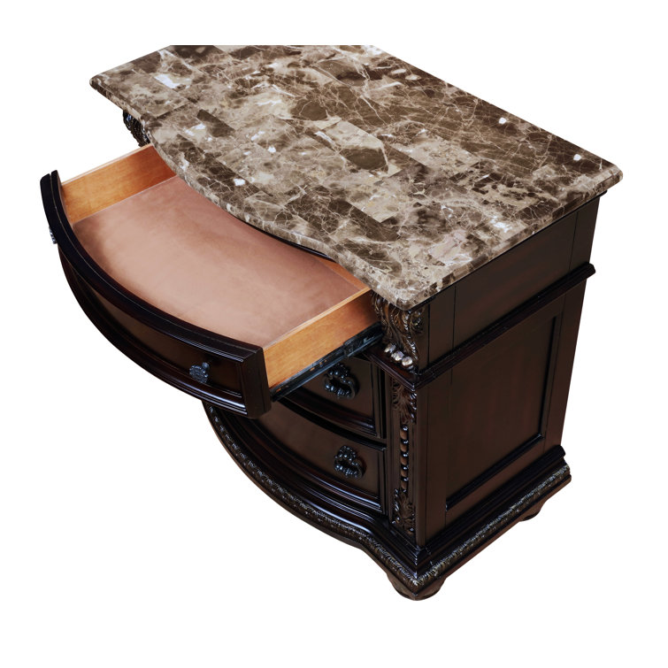 Classic Marble-Top Brown Wooden Nightstand with 3 Drawers