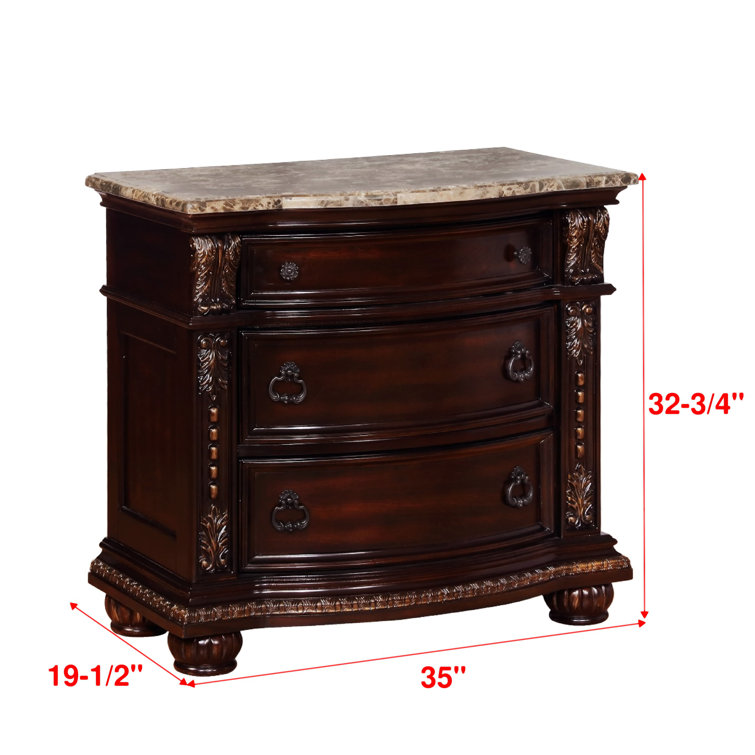 Classic Marble-Top Brown Wooden Nightstand with 3 Drawers