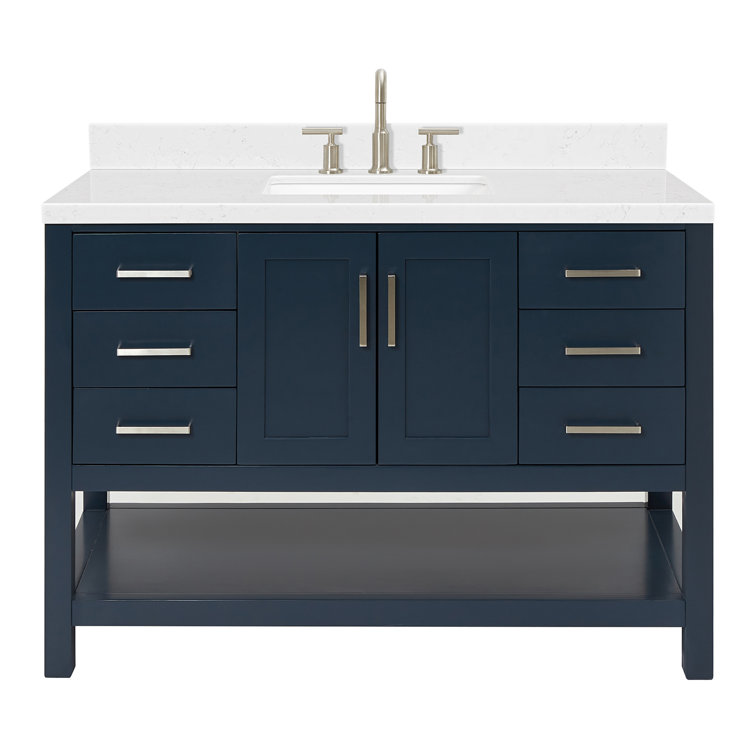 Midnight Blue Solid Wood Freestanding Single Bathroom Vanity with Quartz Top